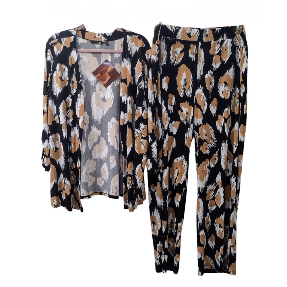Iman 2-Piece Open Cardigan and Pants, Size 2X, Tan/Black/White